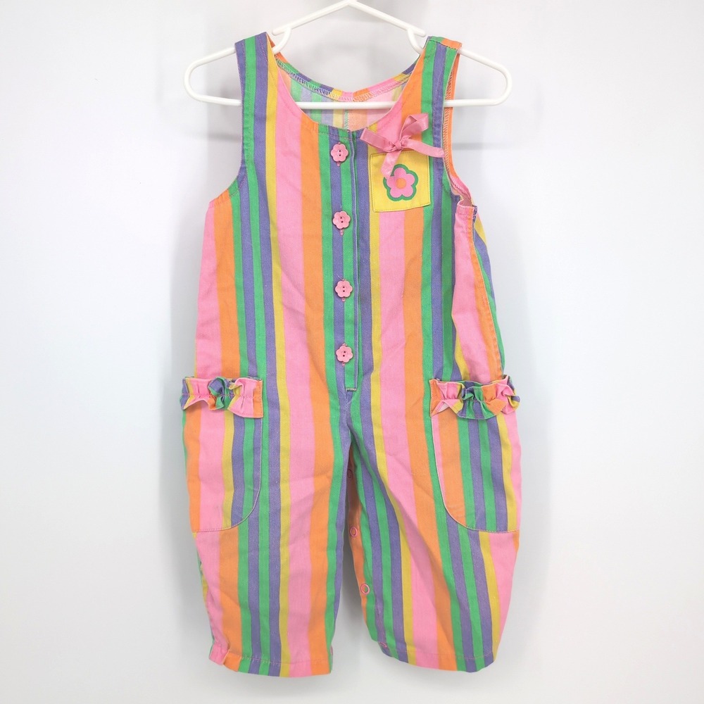Vintage Girls Romper Multicolor Striped Flower Button Bow Ruffle Pockets 12M